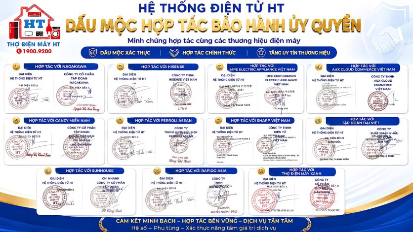 Dấu mộc và giấy tờ chứng nhận hợp tác bảo hành ủy quyền của Điện Tử HT