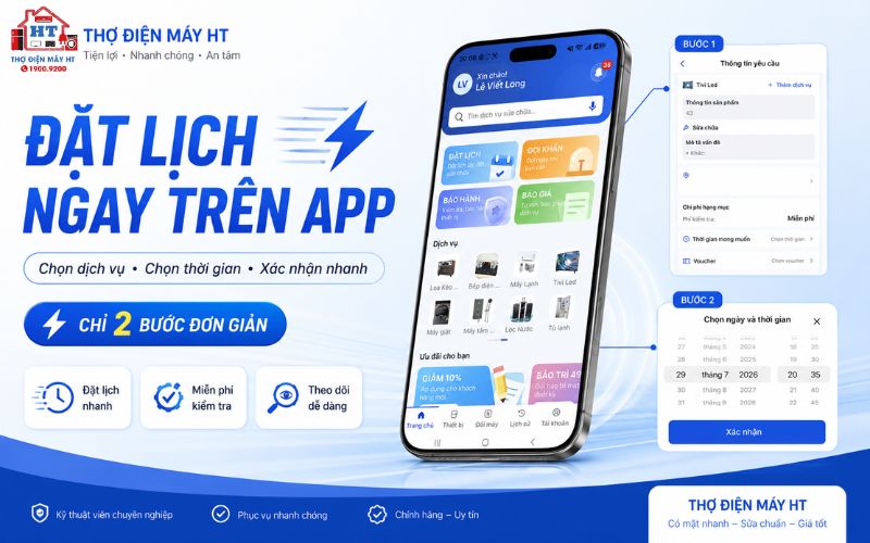 Giao diện App Thợ Điện Máy HT trên điện thoại giúp người dùng đặt lịch sửa tivi tiện lợi