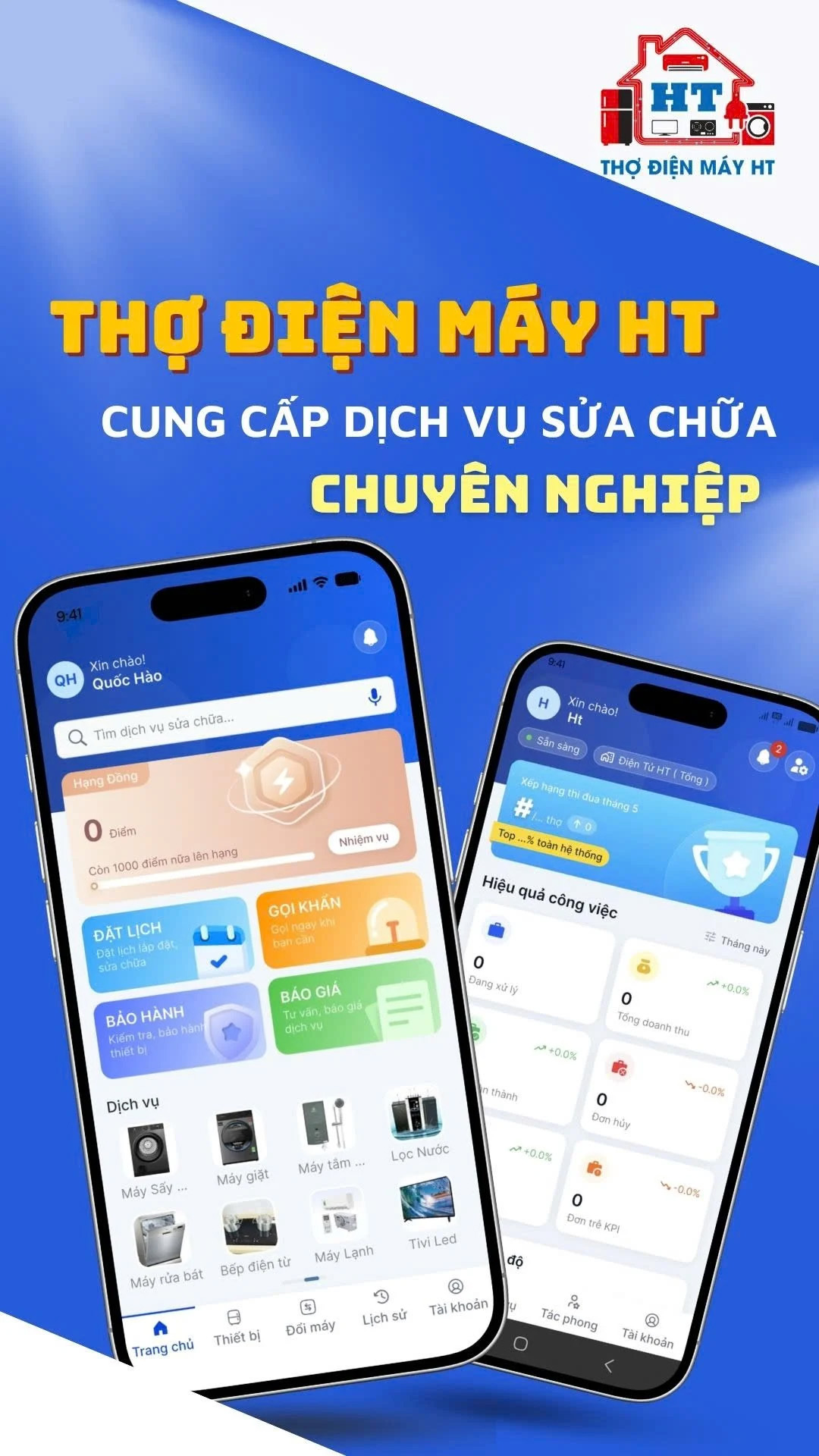 Giao diện App Thợ Điện Máy HT giúp người dùng gửi yêu cầu sửa tivi bị treo logo