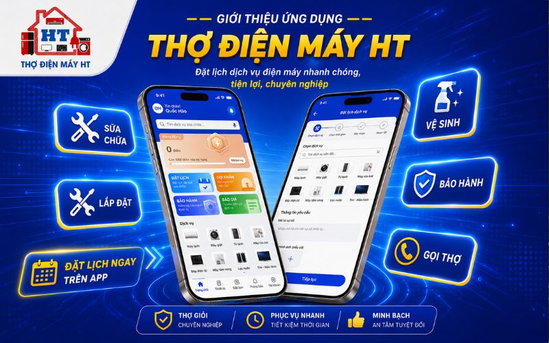 App Thợ Điện Máy HT Giao diện App Thợ Điện Máy HT trên điện thoại giúp người dùng gửi yêu cầu hỗ trợ tivi