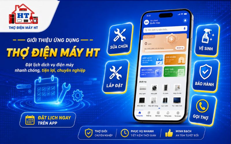 App Thợ Điện Máy HT Giao diện chính của App Thợ Điện Máy HT trên điện thoại di động