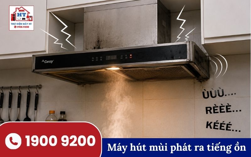 Máy hút mùi kêu to bất thường Máy hút mùi phát ra tiếng ồn lớn khi vận hành, có thể do quạt hoặc động cơ bị lỗi